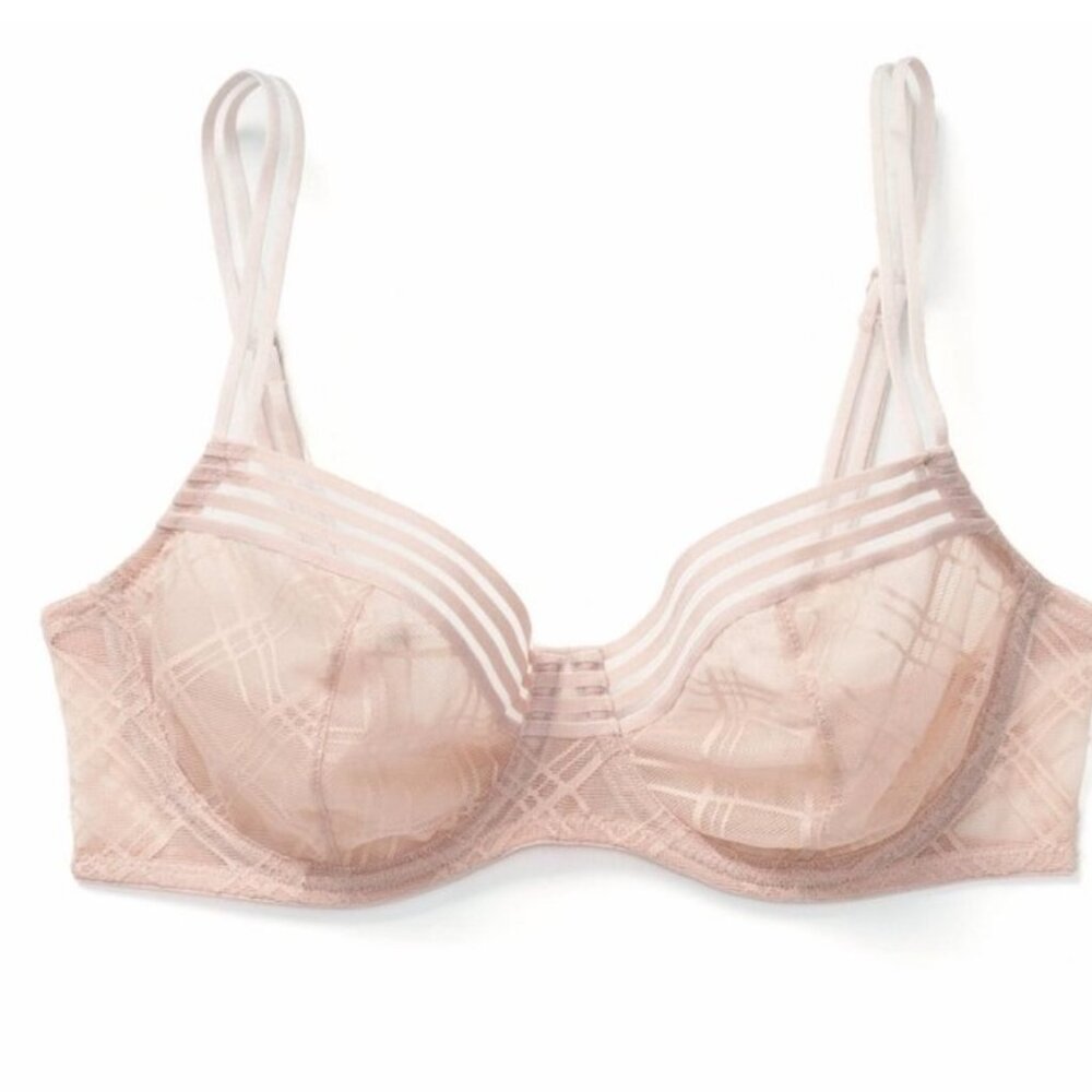 Adore Me Light Pink/Nude Strappy Lace Bra & Panty Set - 34B Bra / Small Panty